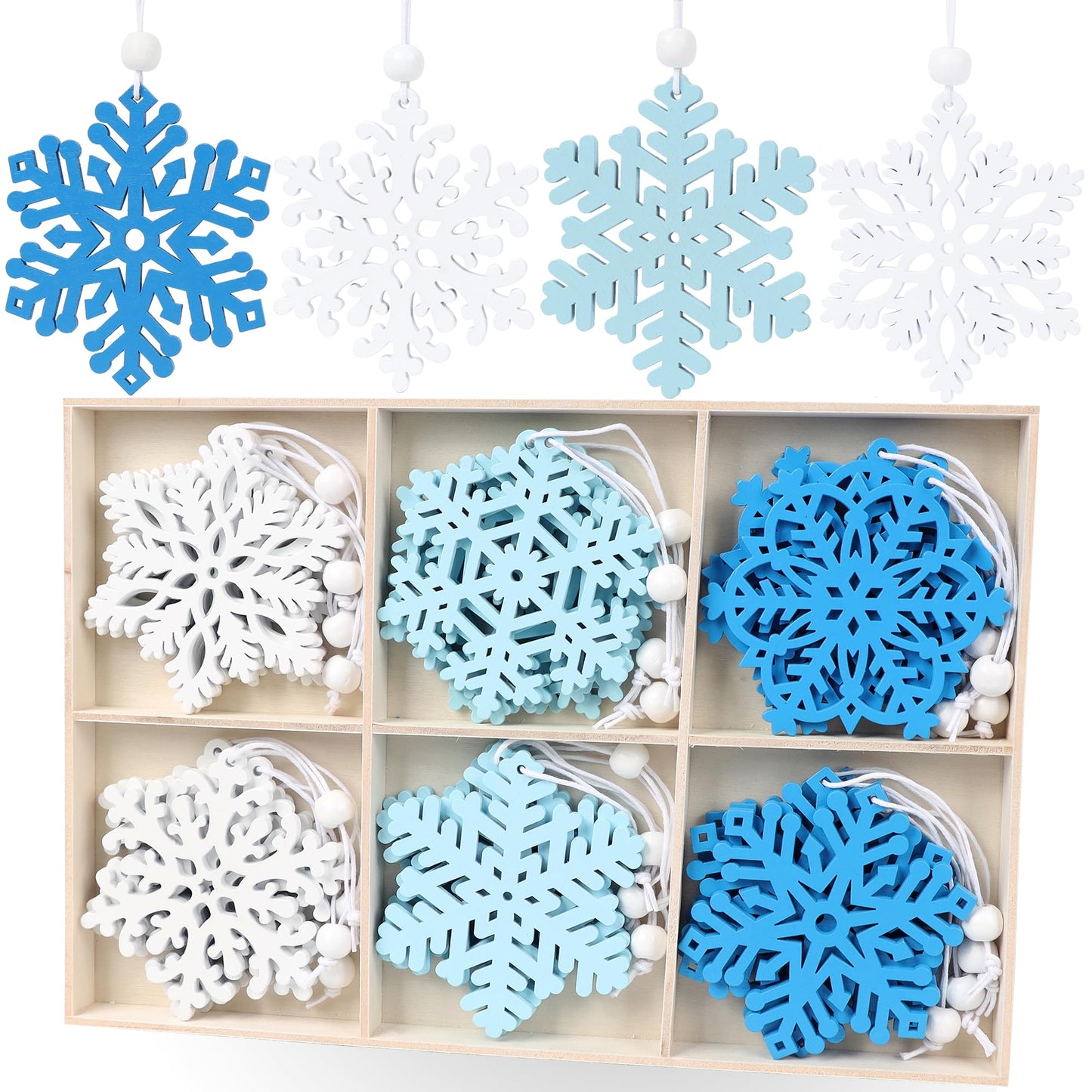 24Pcs Blue Snowflake Ornaments for Christmas Tree Decorations, 3inch Wooden Snowflakes Christmas Ornaments for Winter Wonderland DIY Craft New Year Xmas Supplies