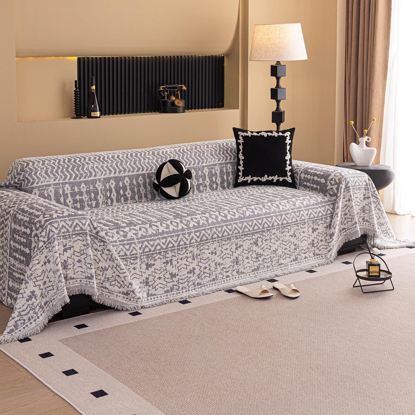 STACYPIK Thick Ethnic Geometric Sofa Cover for Loveseat, Soft Washable Gray Chenille Couch Cover for 3 Cushion Couch, L Shape Sofa Slipcover for Living Room, Multi-use Couch Cover Blanket-71X150IN