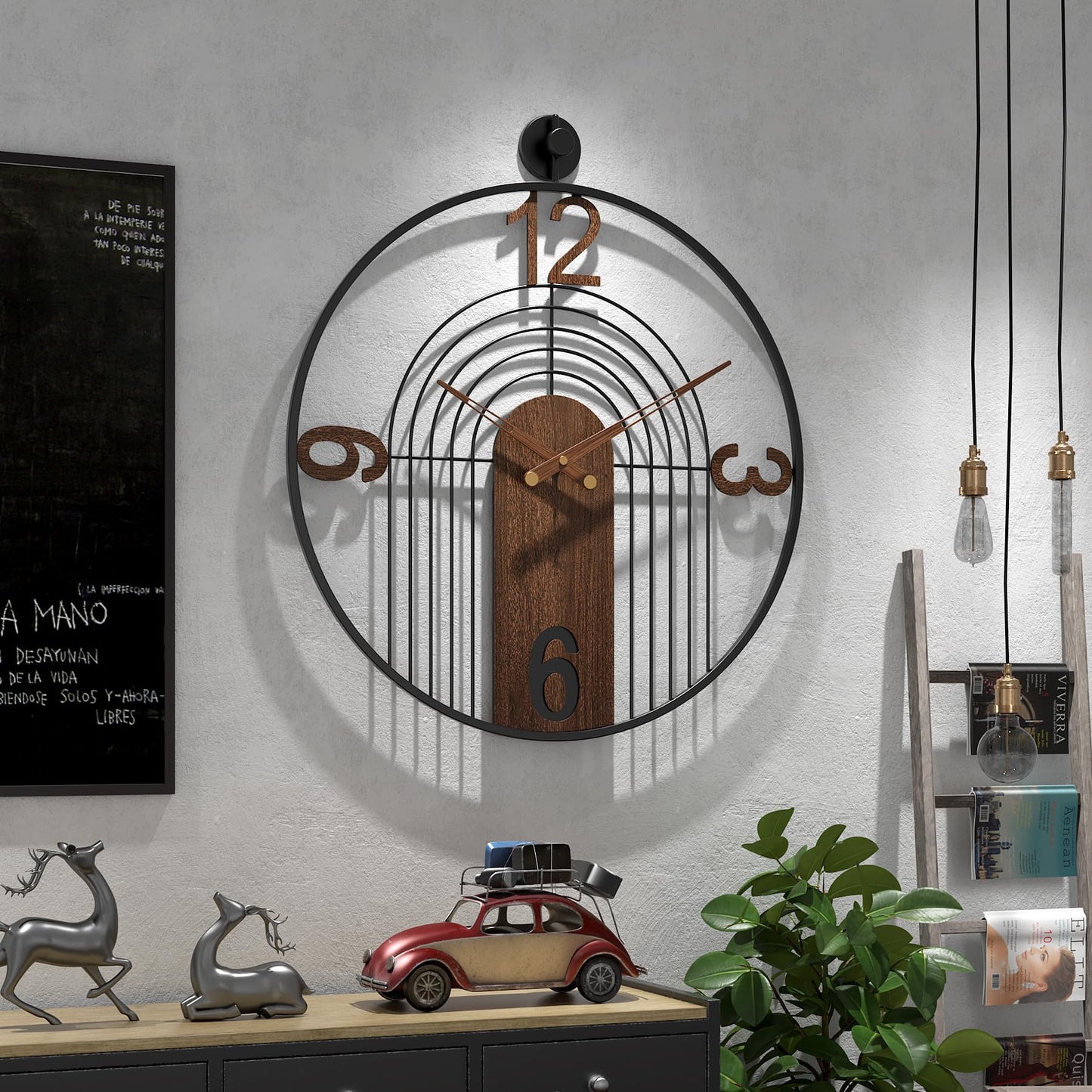 VIVIFLYSE Modern Large Walnut Dial Wall Clock, Wood Metal Frame Silent Non Ticking Wall Clocks Decoration for Living Room, Bedroom, Kitchen, Study, Handmade Home Decor Present Idea, 22 Inch