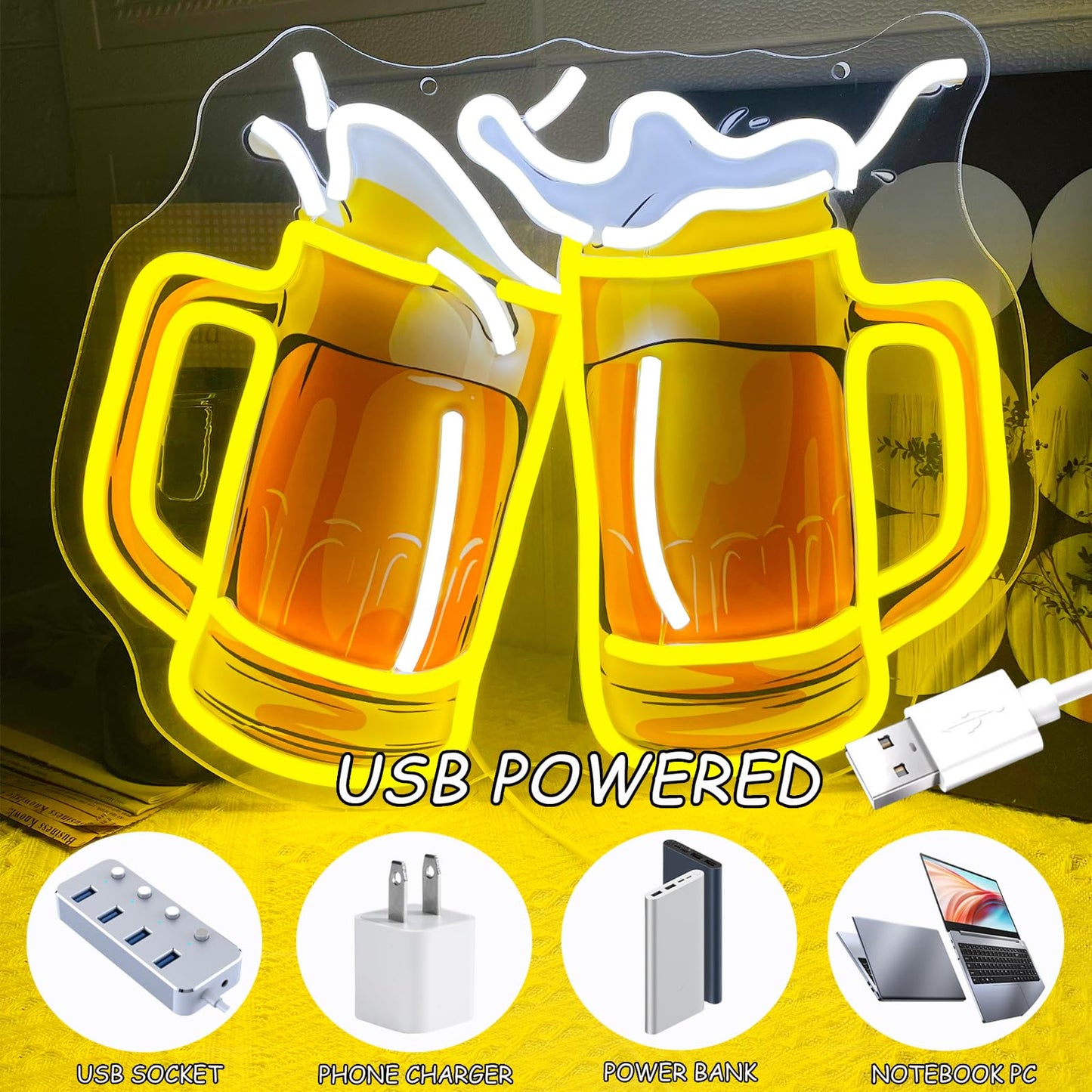Beer Neon Sign UV Prited Cheers Neon Light Dimmable USB Powered Beers Glass Light Up Sign for Man Cave Bar Pub Store Bedroom Restaurant Club Hotel Party Decor