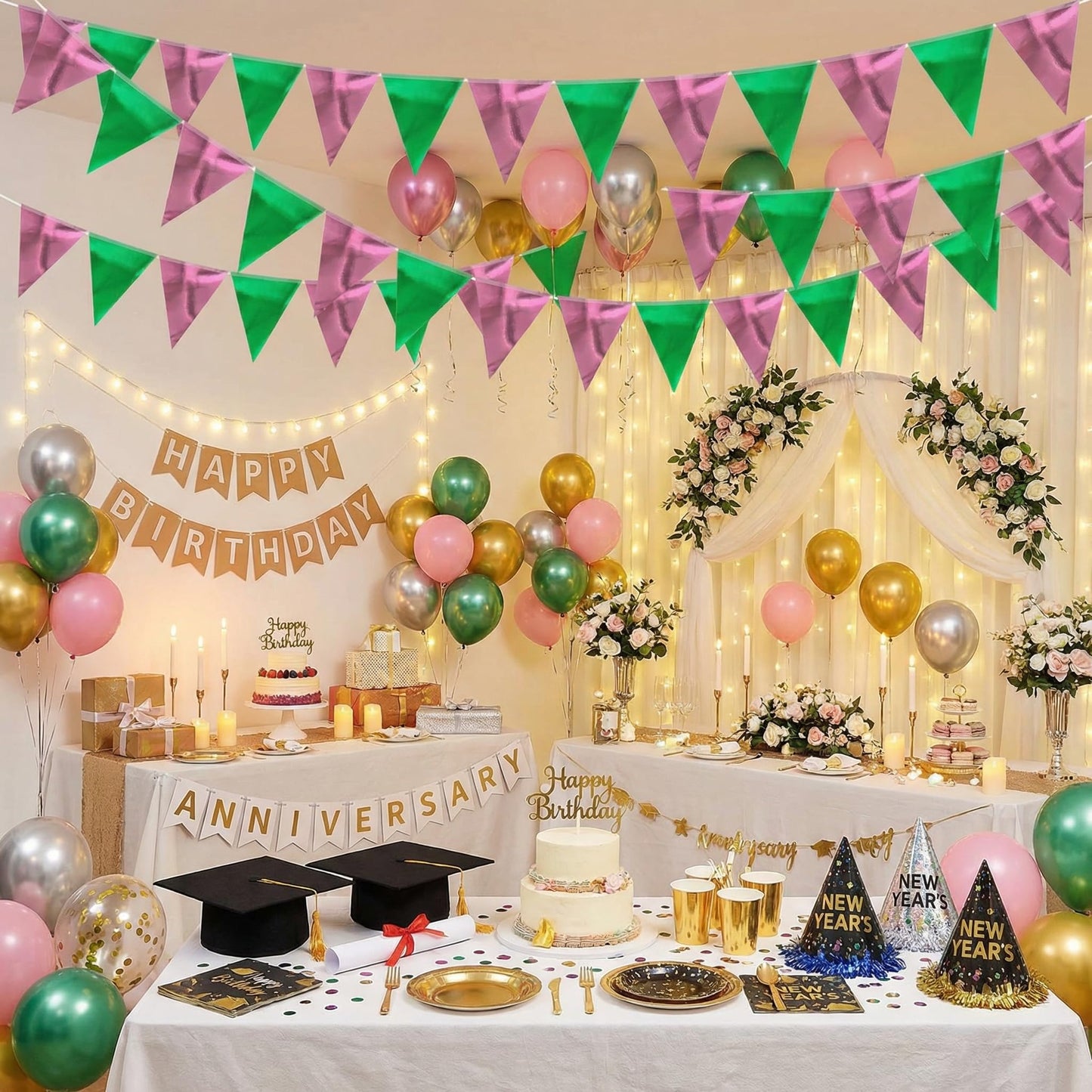 64ft Green and Pink Triangle Pennant Banner Flag Metallic Paper Bunting Garland for Hanging Backdrop Birthday Decorations Graduation Bachelorette Bridal Wedding Shower Party Supplies