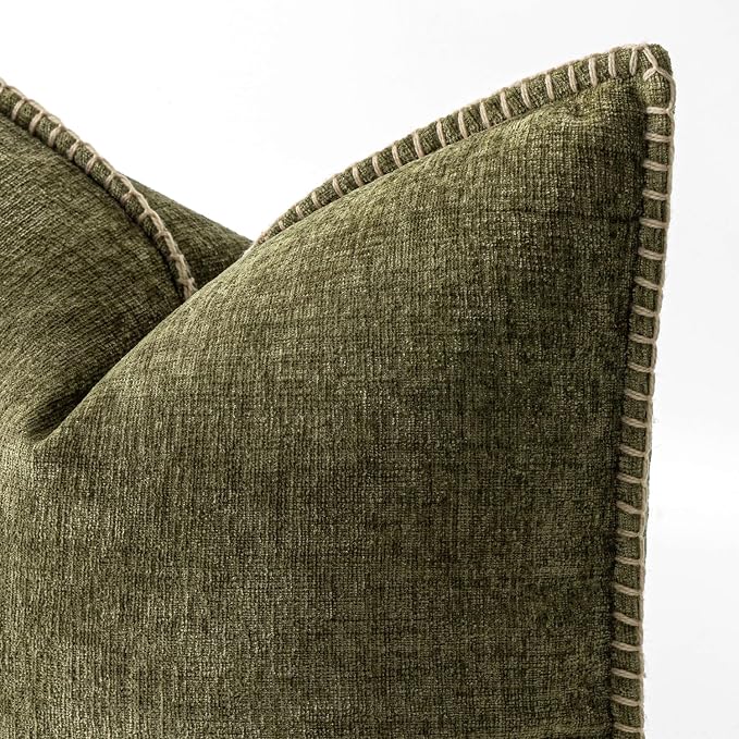 MIULEE Pack of 2 Lumbar Throw Pillow Covers 12x20 Inch Olive Green Farmhouse Decorative Pillow Covers with Stitched Edge Soft Chenille Solid Dyed Pillow Covers for Couch Sofa Bed Living Room