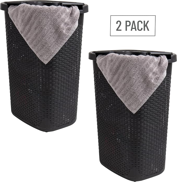 Mind Reader Slim Laundry Hamper with Lid, 60L Tall Clothes Basket, Narrow Tapered Design for Bathrooms, Closets and Laundry Rooms, Plastic, 2 Pack, Black