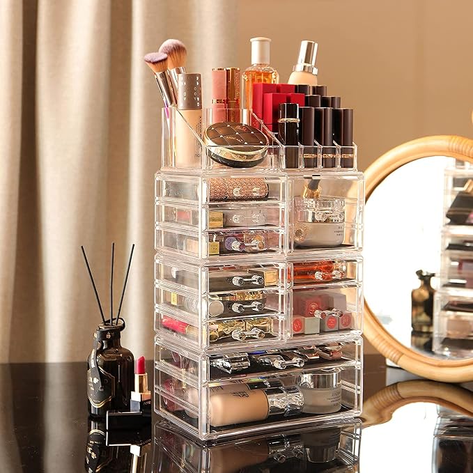 Cq acrylic Makeup Organizer Skin Care Large Clear Cosmetic Display Cases Stackable Storage Box With 11 Drawers For Vanity,Set of 4