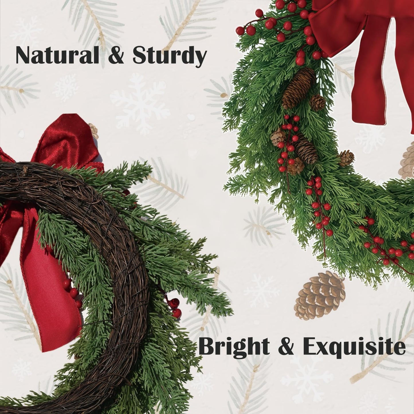 Christmas Wreath for Front Door, Red Bow & Real Pine Cones with Pine Branches & Berries, Artificial Holiday Wreath for Indoor & Outdoor Wall Decor (20 inches)