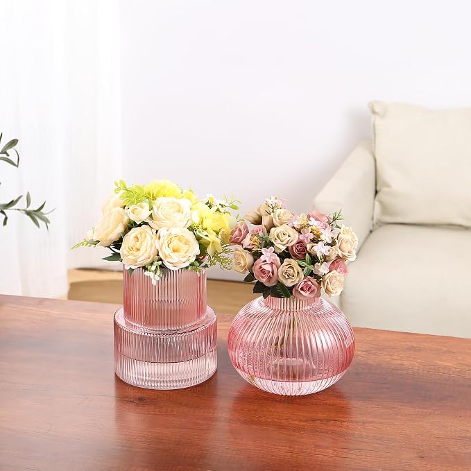 Ribbed Glass Vases, Set of 2 Fluted Vases for Flowers, Pink Glass Vase for Tulips, Modern Vase for Living Room, Kitchen, Office, Entryway, Mantle, Bookshelf, Wedding Gifts, Birthday