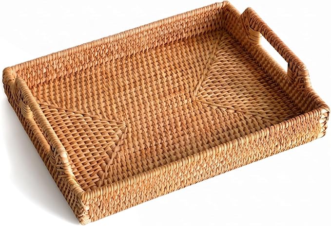 Rattan Serving Tray with Handles, Natural Woven Wicker Tray, Rattan Serving Rectangle Wicker Trays for Decor Coffee Table Breakfast (14.5" × 10")