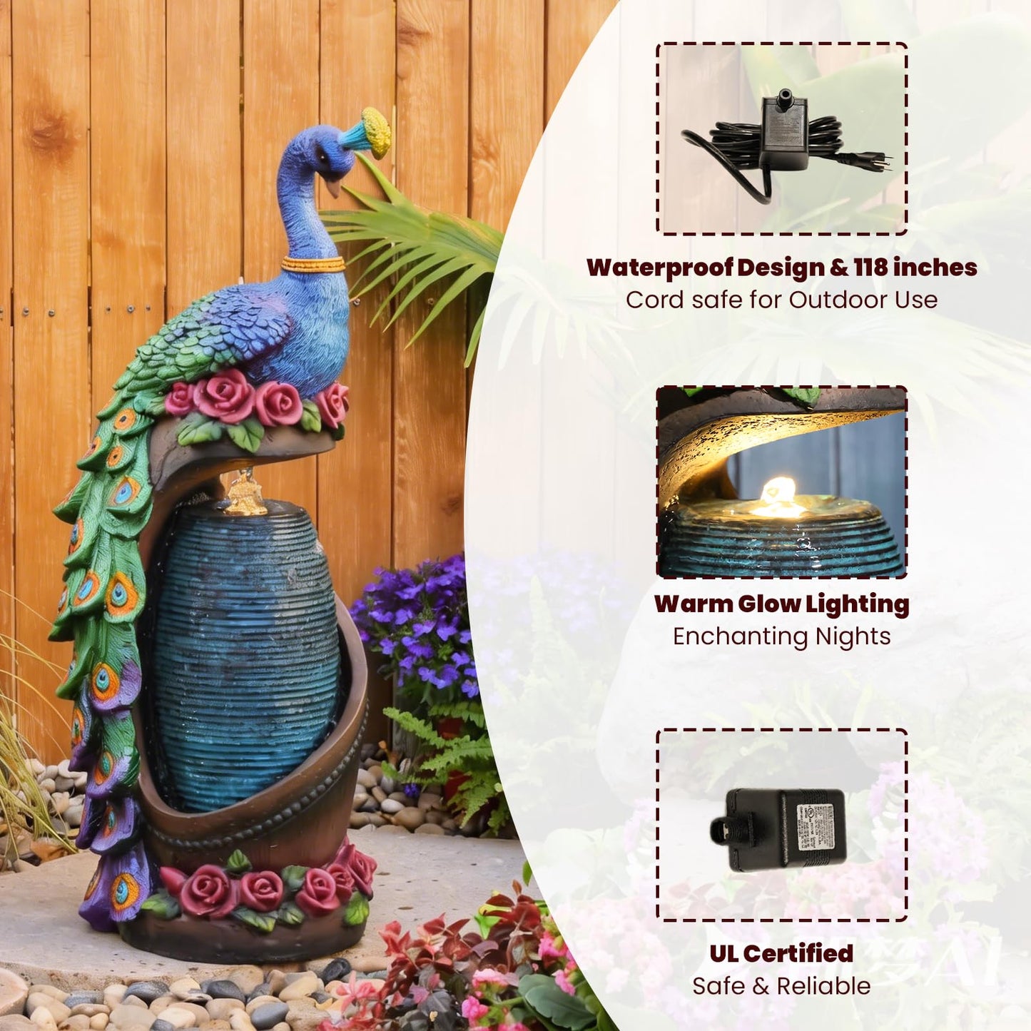 Tankana Outdoor Water Fountain 32" H Cascading Peacock Waterfall Fountain with LED Lights & Pump Tiered Water Feature for Garden, Patio, Backyard, Deck, and Porch Decor