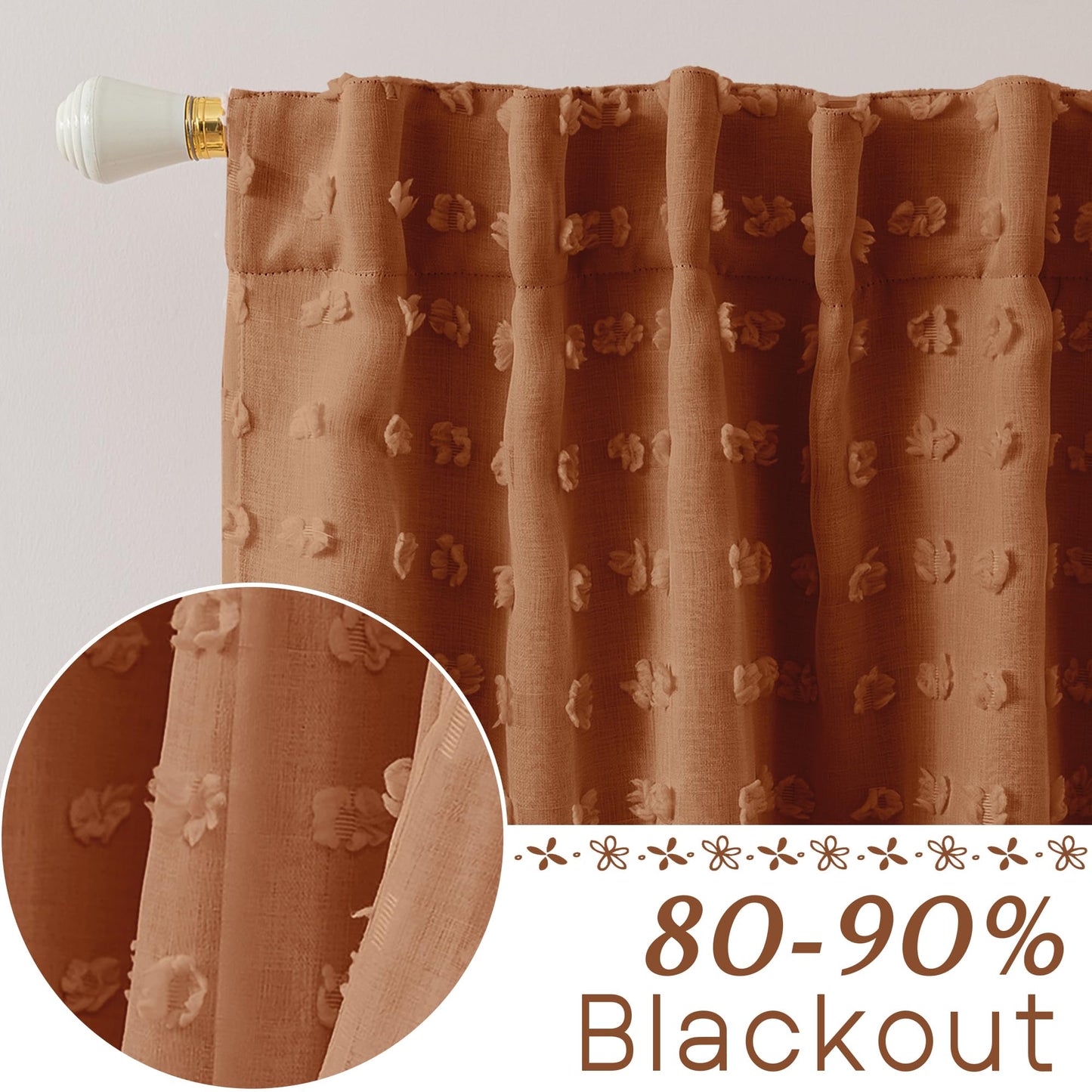 Boho Blackout Curtains for Bedroom 84 Inch Length 2 Panels Set,Vintage Farmhouse Terracotta Rust Pom Pom Textured Patterned Double Layer Sheer Overlay Bohemian Western Curtain Drapes for Living Room