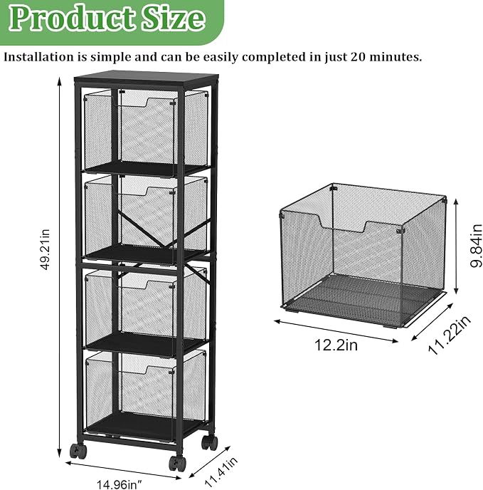 Sbanmao 4 Drawers File Cabinet, Vertical Filing Cabinets, Rolling File Cart, Hanging File Folder Organizer with Wheels, Mobile Printer Stand Utility Craft Cart for Home Office,Black