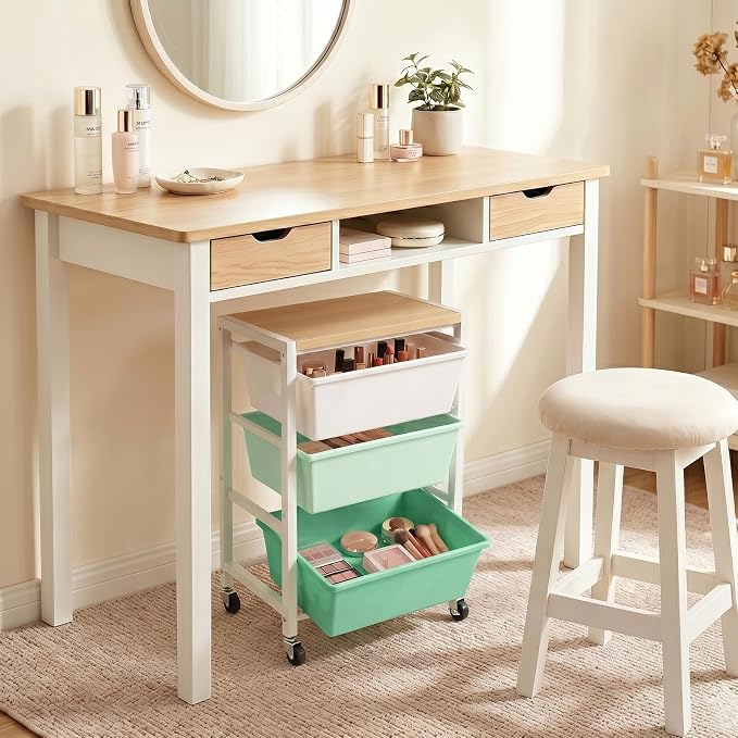 Rolling Cart with 3 Drawers, Plastic Drawer Storage Carts with Lockable Wheels & Wooden Tabletop, Metal Art Craft Utility Cart Organizer for Home Office Bedroom Dorm Bedside Classroom, Bright Green