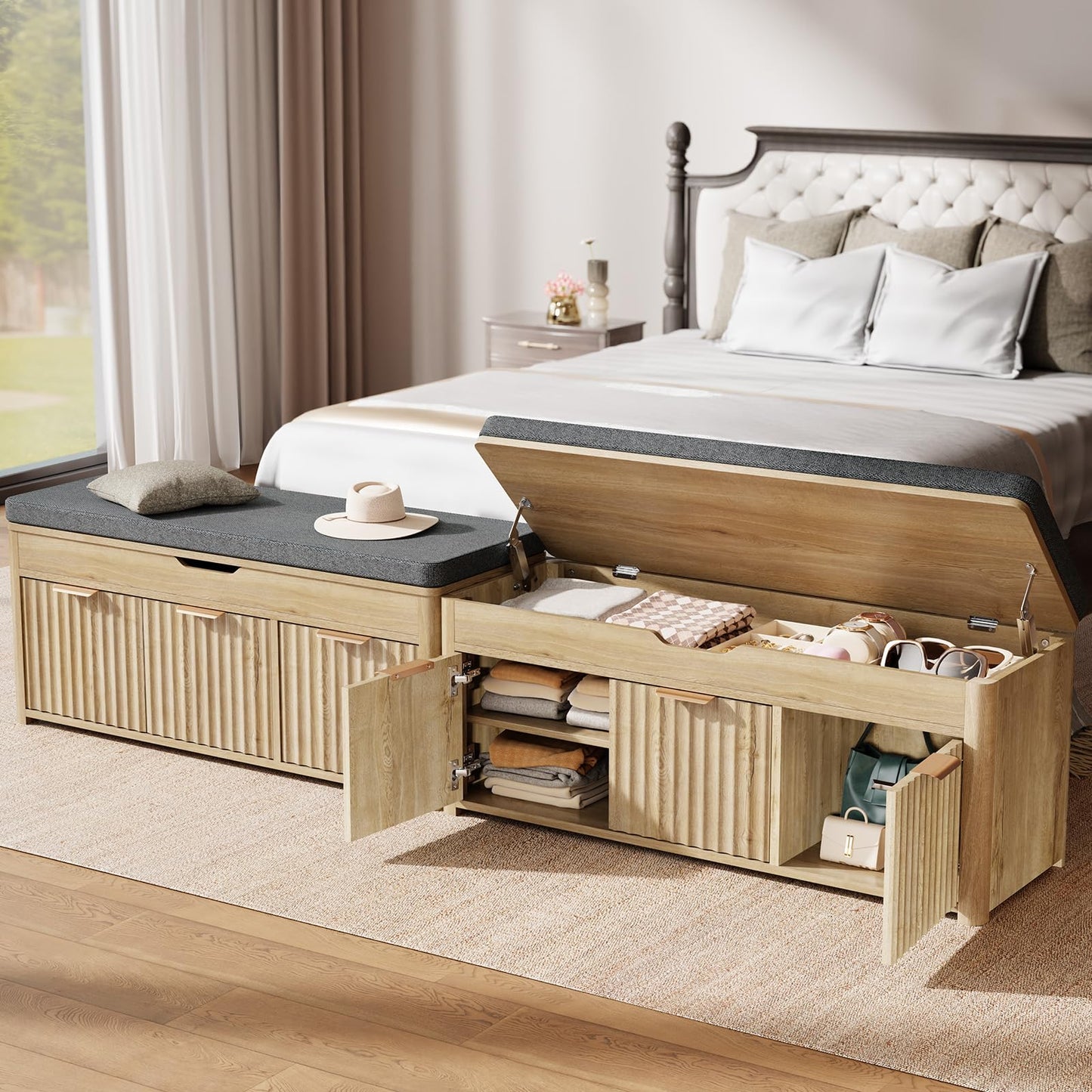 LOOMORA Shoe Bench with Storage - Lift Top Entryway Bench with Hidden Storage, Shoe Rack with Adjustable Shelves and Cushioned Seat, Wooden End of Bed Bench for Bedroom, Living Room and Hallway,Nature