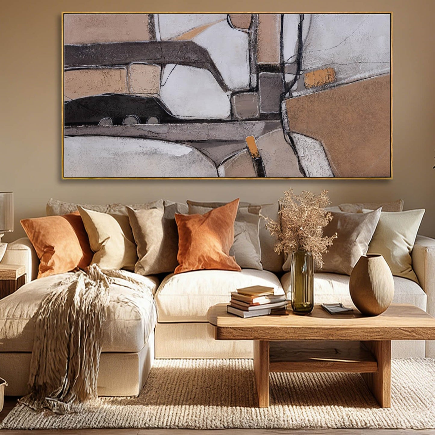 Brown Modern Neutral Abstract Canvas Wall Art 29x58 Inch, Large Framed Artwork with Wooden Frame, Contemporary Beige and Taupe Wall Decor for Living Room, Office, or Hallway