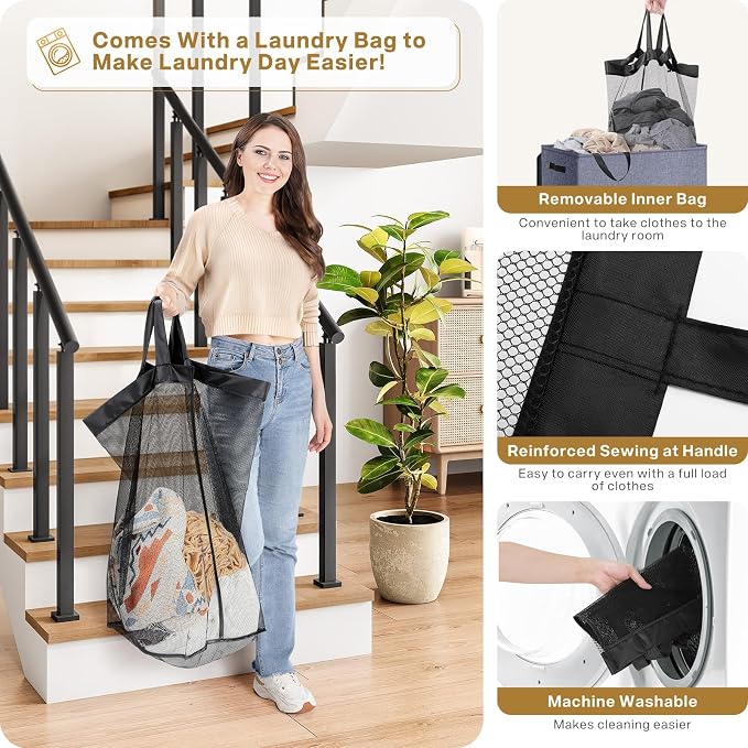 SOLEDI Large Double Laundry Hamper with Lid, Collapsible Clothes Hamper 2 section with Removable Bags, Space-Saving Laundry Basket for Bedroom, Dorm, College