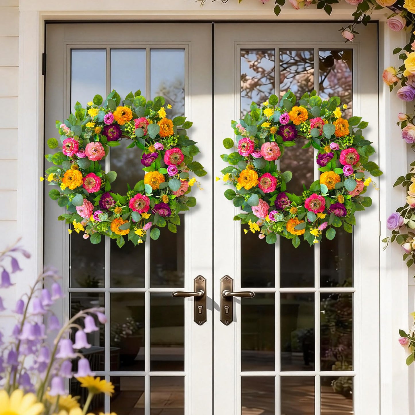 CHvista Spring Wreaths for Front Door 24 Inch Outdoor Spring Wreath with Peony Rose Ranunculus & Eucalyptus,Handmade Silk Summer Wreaths for Front Door,Spring Door Wreath for Porch Home Wall Window