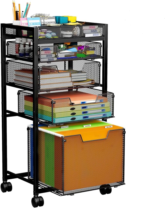 Rolling File Cart with 4 Storage Drawers, Under Desk Organizer with DIY Divider, Moblie Filing Cabinet on Wheels, Fits A4/Letter Size, Metal Utility Cart for Home Office, Black