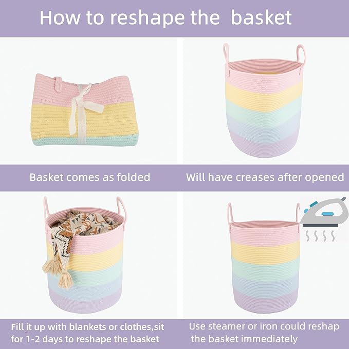 XUANGUO Rope Laundry Basket Hamper for Kids Girl Woven Storage Basket for Living Room Bedroom Boho Tall Baskets for Blanket Toys Pillow Towels Baby Nursery Hamper Bin rainbow Large