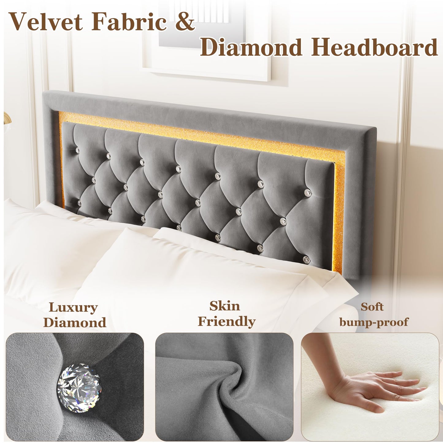 IDEALHOUSE Floating Queen Platform Bed Frame with Smart LED Lights – Modern Upholstered Diamond Headboard, Sturdy Wood Slats, Noise-Free, Easy Assembly, Sturdy Bedroom Furniture