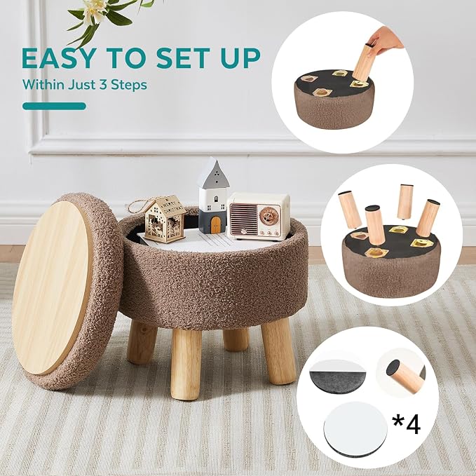 Small Foot Stool Ottoman with Storage, Sherpa Ottoman Foot Rest for Couch, Round Footstool with Storage, Small Ottomans and Footstools for Living Room and Entryway (Brown)