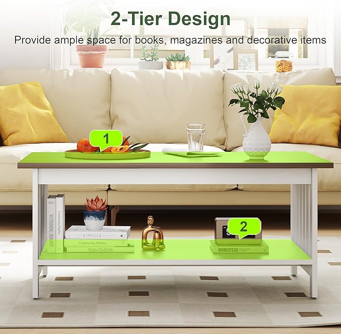 YOSHOOT 39.4" Farmhouse Coffee Table, Small Coffee Tables for Living Room | White, 2 Tier Coffee Table with Storage, Tea Table for Living Room Bedroom Small Space