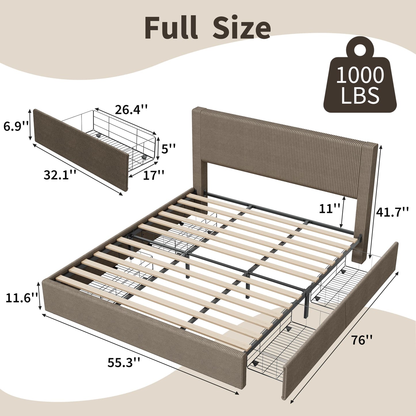 IDEALHOUSE Full Size Bed Frame with Tufted Wingback Headboard, Platform Corduroy Upholstered Bed Frame with 4 Storage Drawers and Wooden Slats Support, No Box Spring Needed, Brown