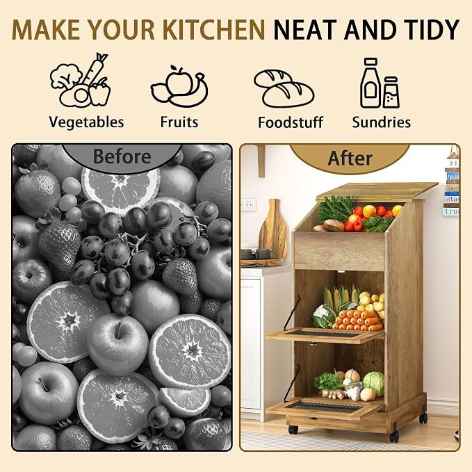 Potato Storage Bin, Wooden Bread Bins with Wheel, Movable Onion Storage Bin, Decorative Vegetable Storage Box for Kitchen Pantry, Brown