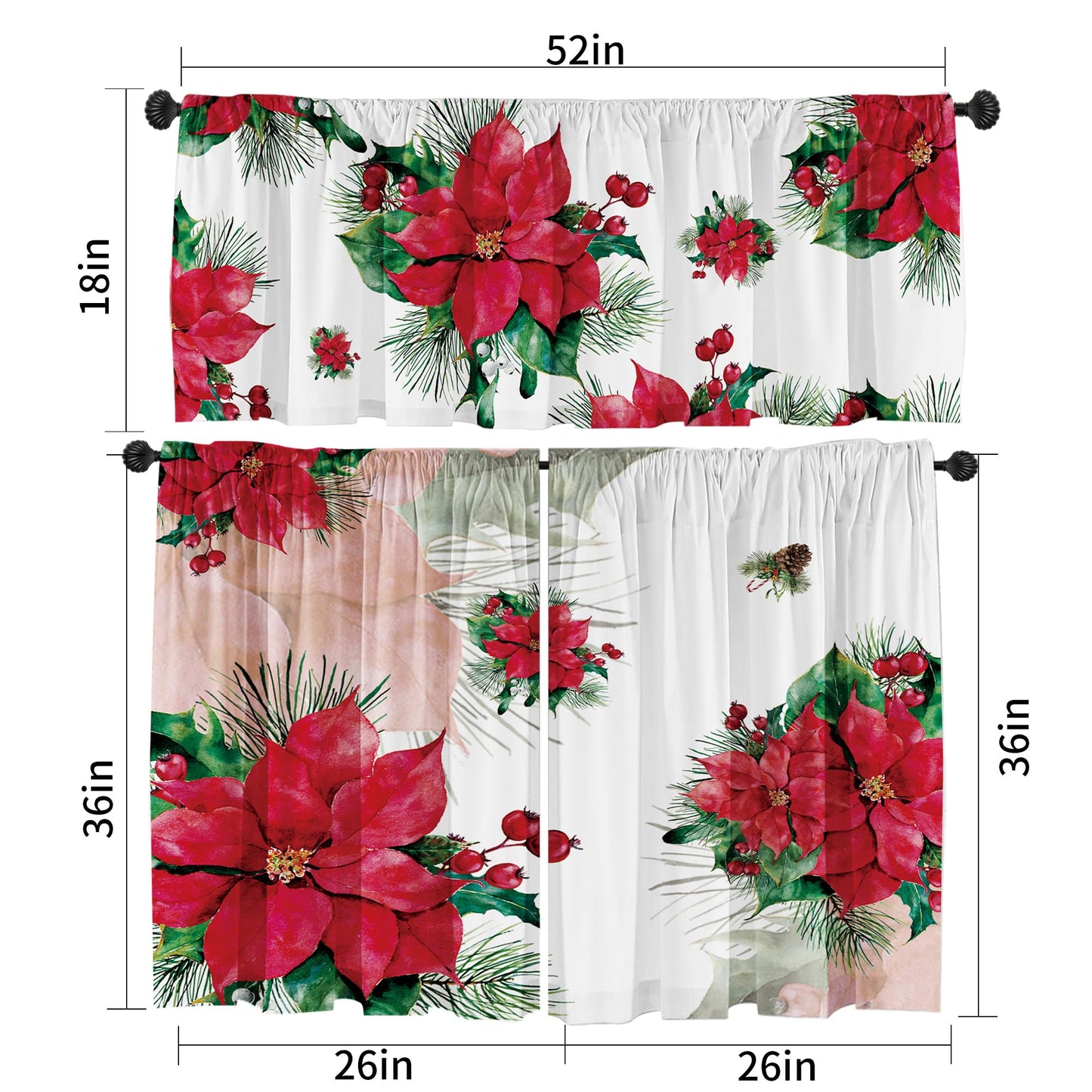 Deztibos Christmas Poinsettia Curtain Valances Set - Upper & Lower Curtains, 52'' L x 18'' W & 36'' L x 26'' W, Kitchen Windows Decor, 3 Piece Set, Red
