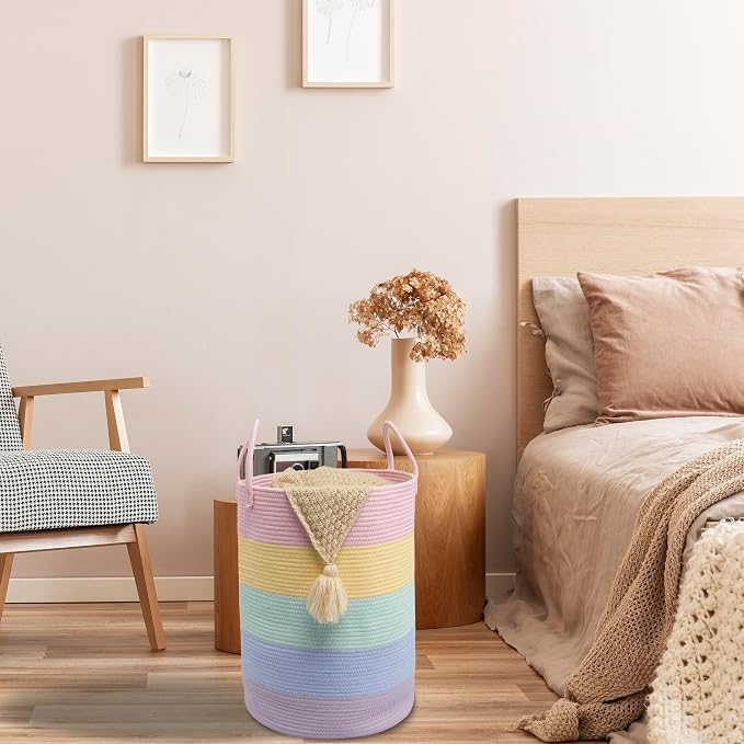 XUANGUO Rope Laundry Basket Hamper for Kids Girl Woven Storage Basket for Living Room Bedroom Boho Tall Baskets for Blanket Toys Pillow Towels Baby Nursery Hamper Bin rainbow Large