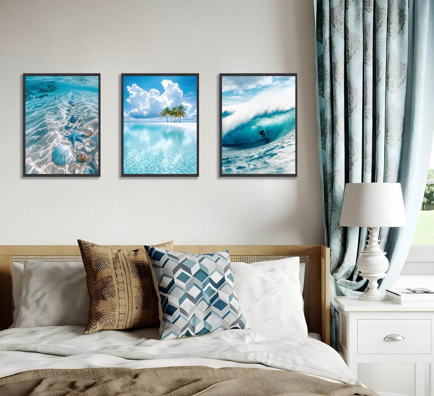 3pcs Blue Ocean Wall Art Featuring Starfish Seashells Waves and Palm Trees Summer Beach-Themed Canvas Paintings Prints Modern Coastal Style Posters Wall Decor suitable for Bathroom living room Decoration (Unframed)