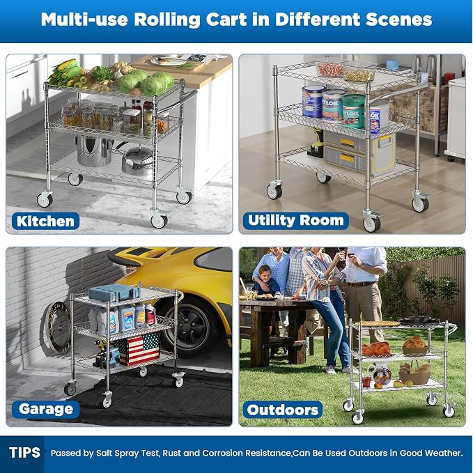Leteuke 3 Tier Rolling Carts with Wheels, Heavy Duty Rolling Utility Cart,NSF Commercial Grade Metal Cart with Handle&Shelf Liner,Trolley Serving Cart for Kitchen,Restaurant,Plant Display,Chrome