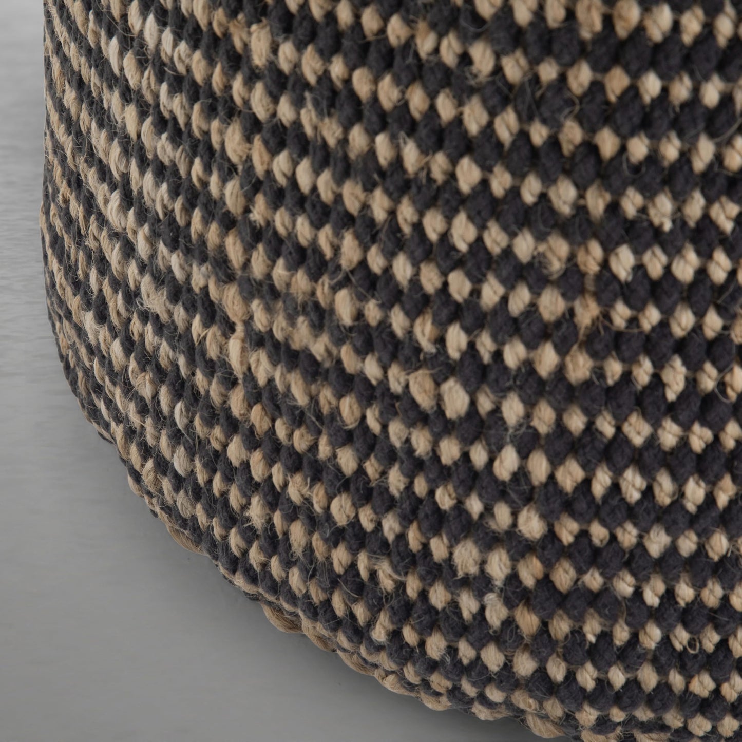 SIMPLIHOME Larissa Round Pouf - 18 inch Wide Hand Braided Jute Ottoman in Sandy Natural/Ebony, Boho Footstool or Extra Seating for Living Room or Kids Room with Polystyrene Bead Filling, Assembled
