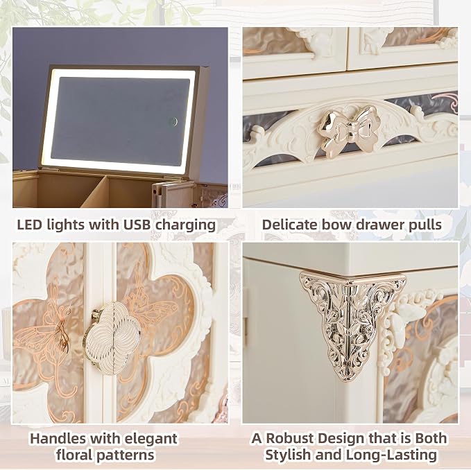 Large Makeup Organizer Countertop with LED Mirror, Vintage Cosmetic Storage Box with Drawers & Side Compartments, Dustproof Skincare Organizer for Vanity, Elegant Gift for Women(White)