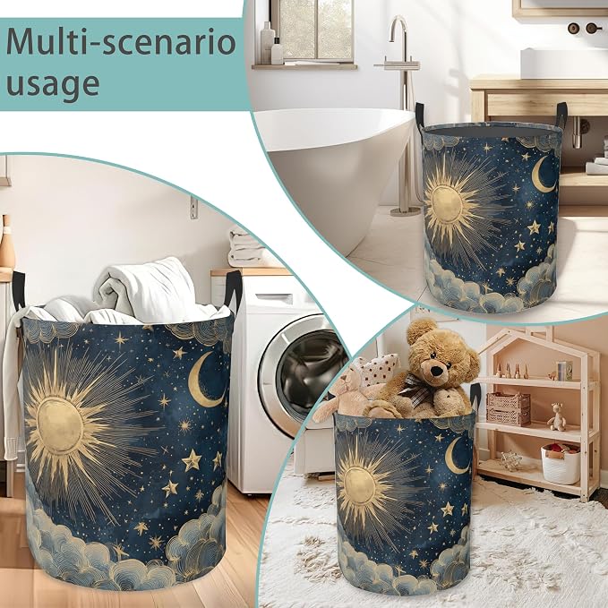 Boho Sun Moon Round Laundry Basket Collapsible Laundry Hamper with Handles Toys Clothes Organizer Bin For Home Bathroom Bedroom Dorm Nursery