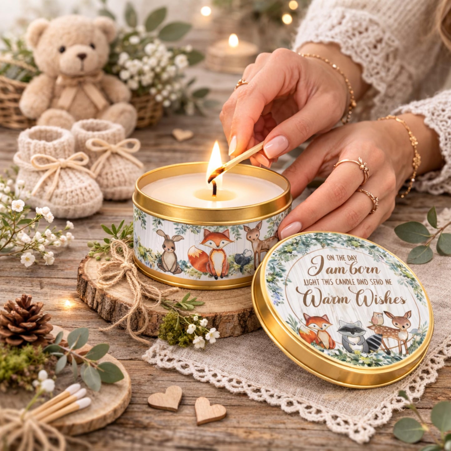 Majestic Zen Woodland Scented Candle 9-Pack Soy Wax Baby Shower Candle Favors - Natural Scented Candle Gift Set & Gender Reveal Candle & Party Keepsakes - Woodland Theme Round Candles for Table Decor