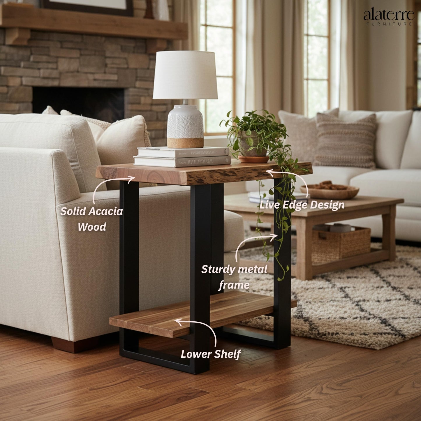 Alaterre Furniture Alpine Live Edge Modern End Table Set of 2-2-Tier Narrow Side Table Set with Open Storage Shelf - Solid Wood and Metal Modern Nightstands for Living Room or Bedroom (Natural)