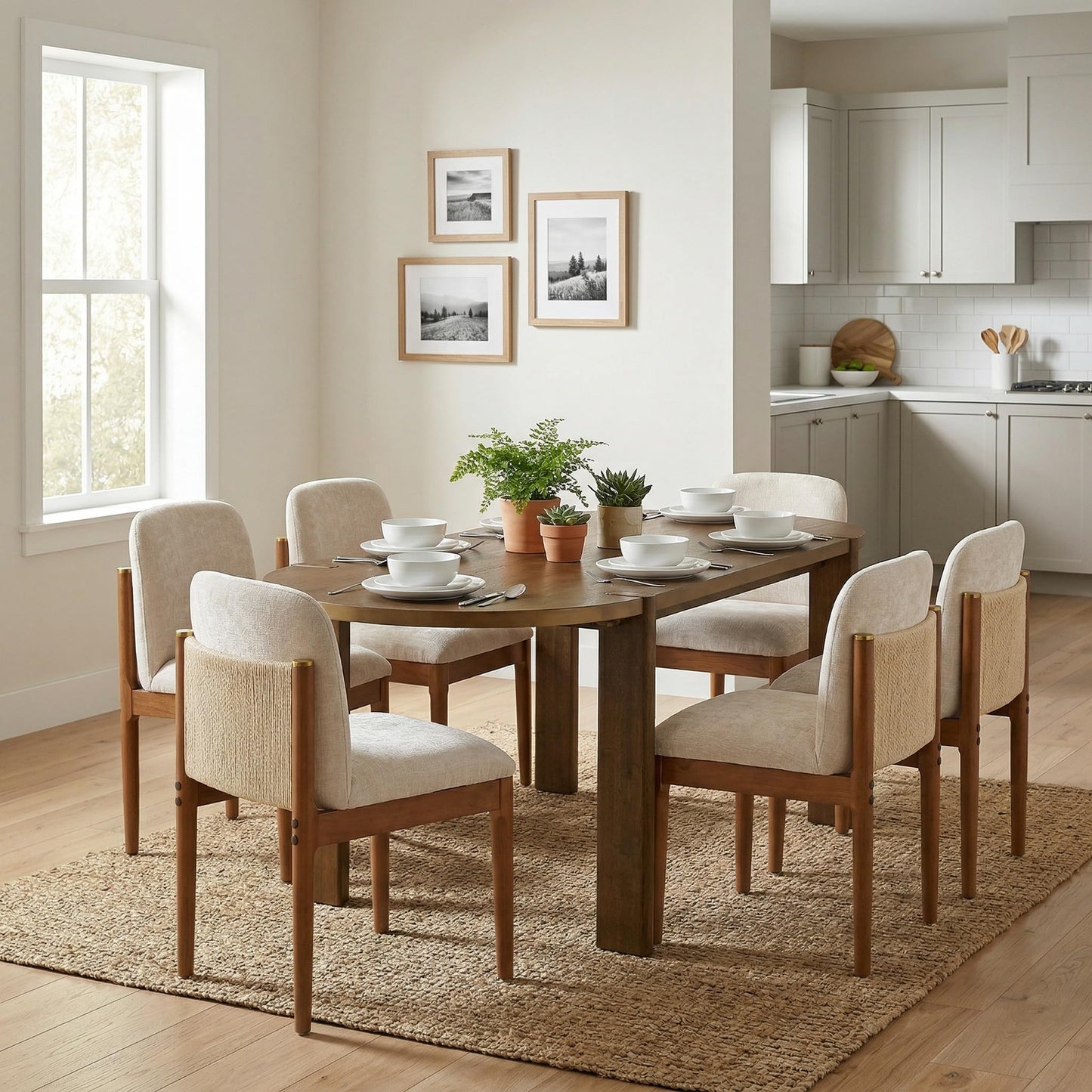 Christopher Knight Home Polly Modern Dining Table Set for 6, Solid Wood Kitchen Table and Dining Chairs Set of 6, Rubberwood Dining Room Table Set 6, Beige+Walnut