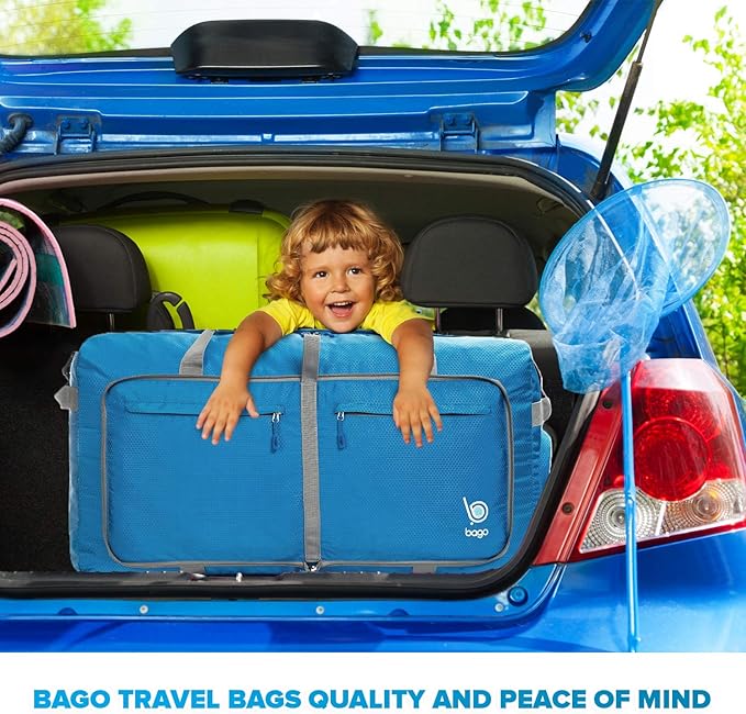 Bago Big XXL Foldable Duffel Bags for Traveling Women & Men - 140L Packable Duffle Bag for Travel with Shoe Compartment - Water Repellant, Heavy Duty, Lightweight Folding & Collapsible (Blue)