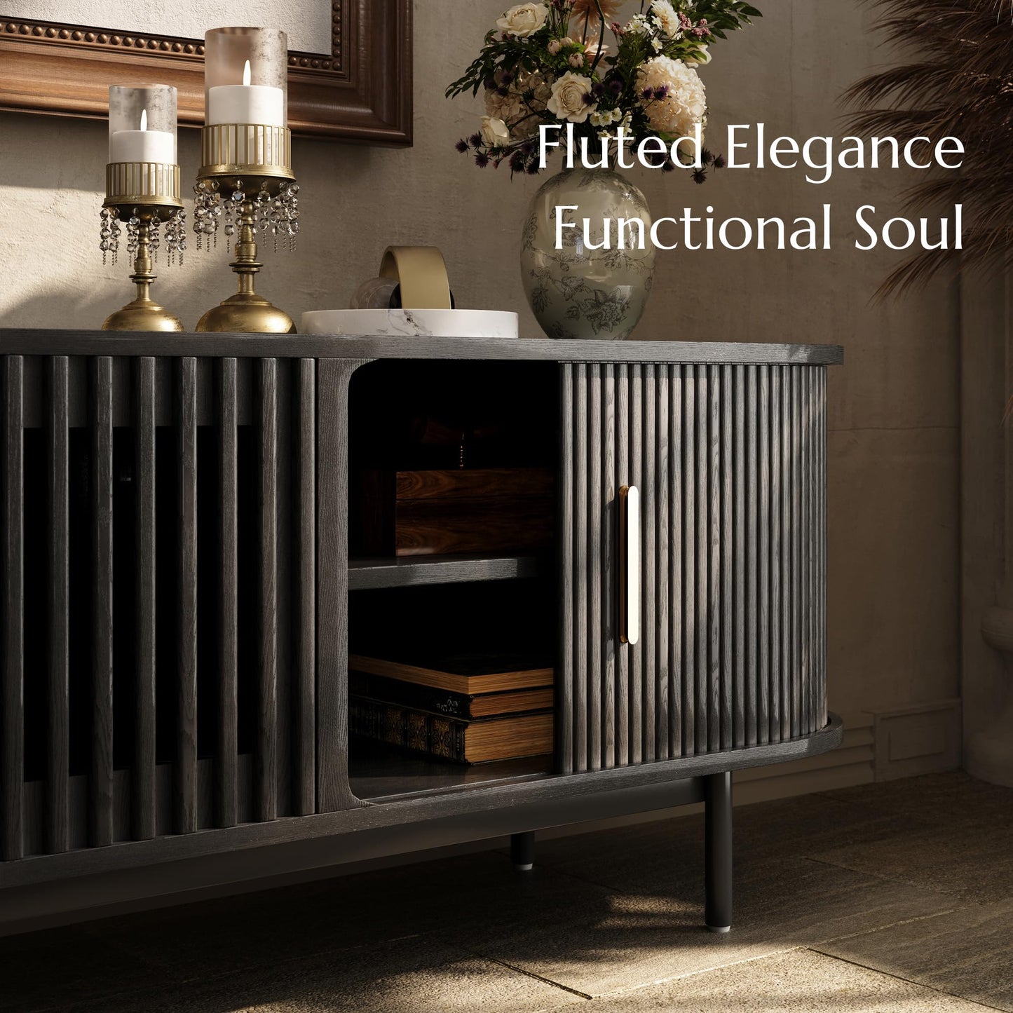 POVISON Fully-Assembled Mid Century Modern TV Stand, Sliding Tambour Door Entertainment Center with Storage, Wood TV Console, Media Console for Living Room Bedroom(Black, 78.74")