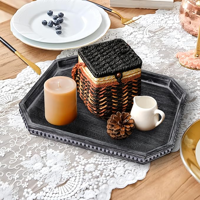 CedarLux Decorative Coffee Table Serving Tray, Long Octagonal Black Wood Tray with Wooden Bead, Farmhouse Big for Ottoman Table, Countertop, Home Decor, 16.5"x13"x1.6" (Retro Black)