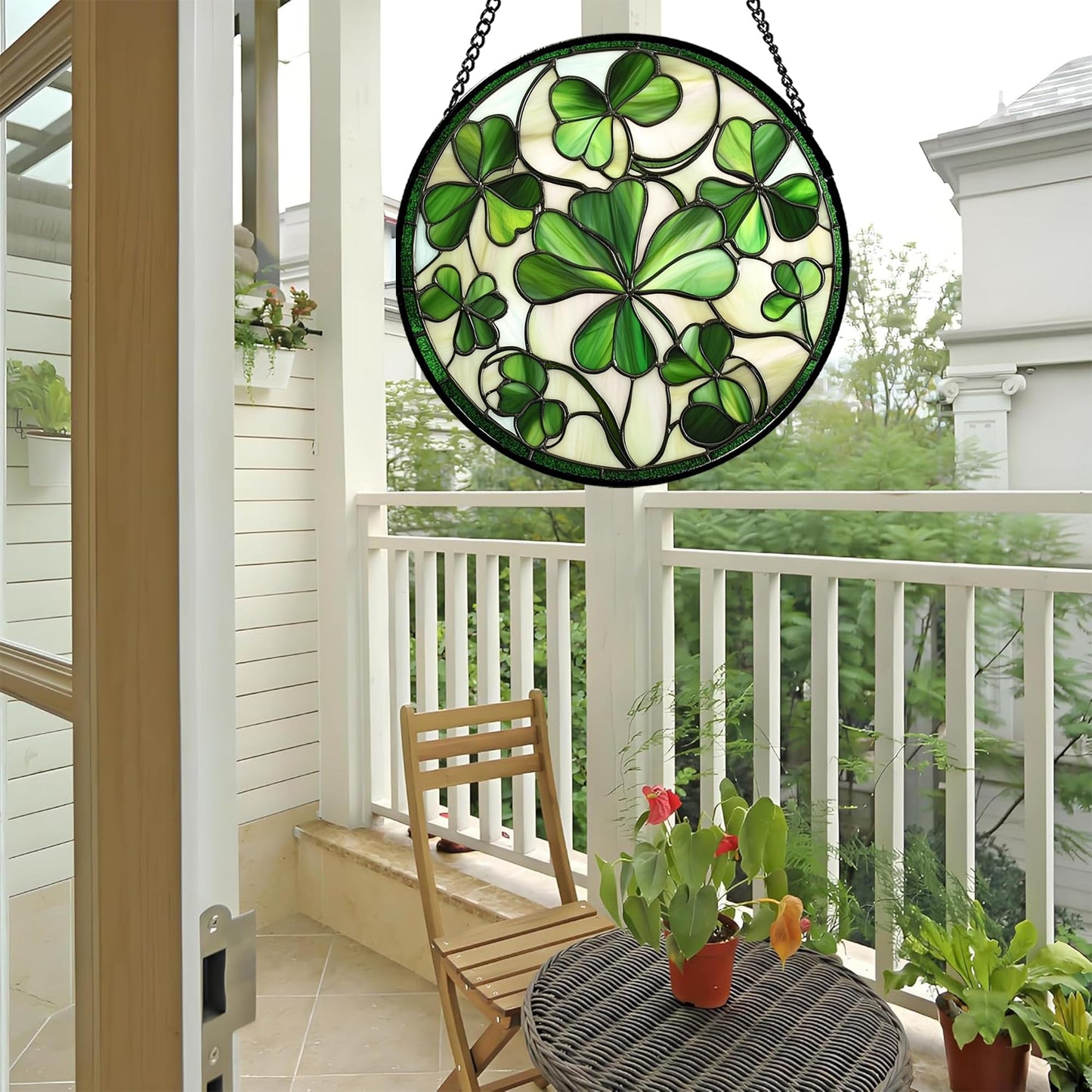 CRISGIF Stained Glass Window Hanging - Ireland Green Lucky Clover Suncatcher for Doors Garden St. Patrick's Day Sun Catchers Decor Mother's Day Birthday for Women Men Mom Nana 7.8 in