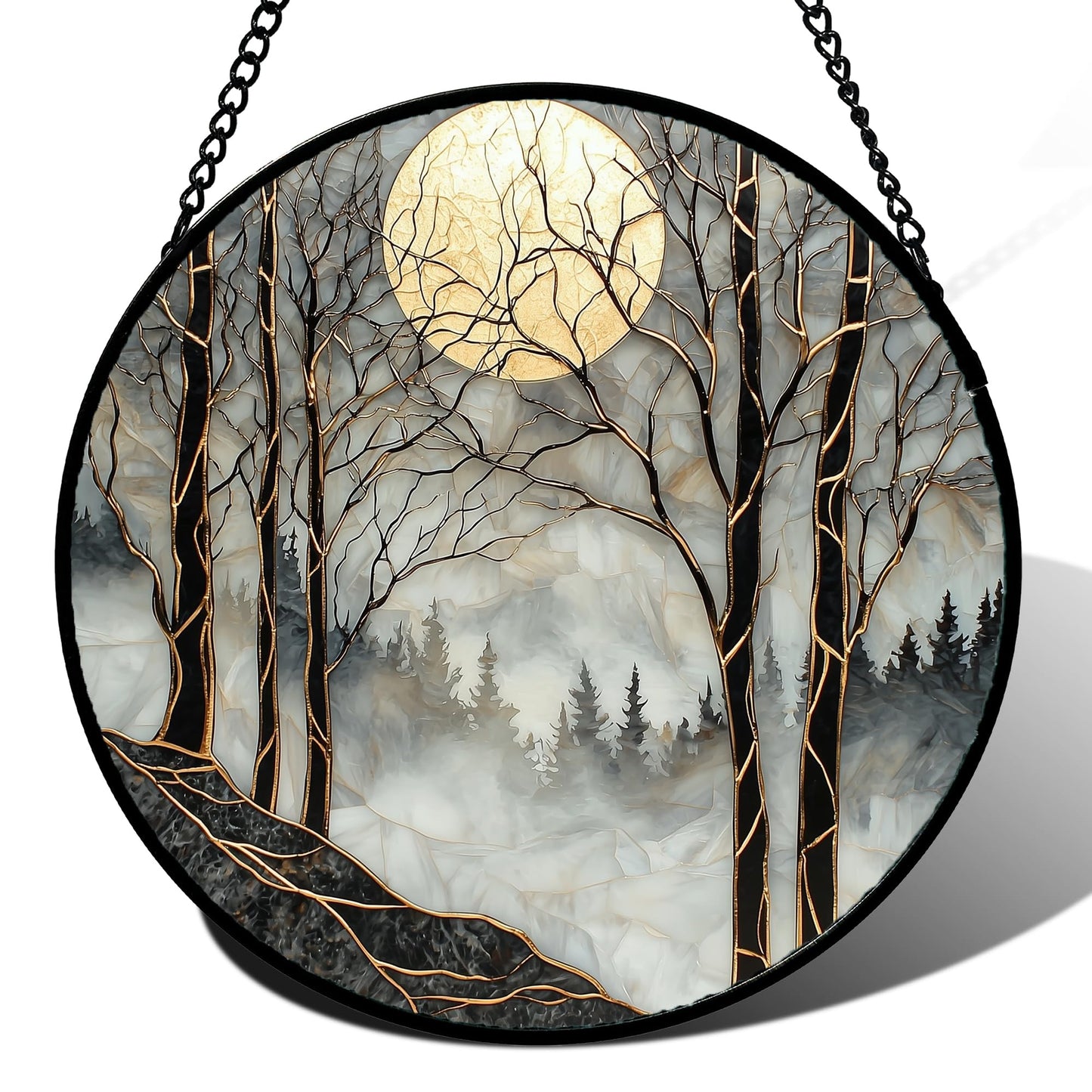 AMDERVEN Stained Glass Window Hanging - Black and White Gold Moon Forest Sun Catcher for Door Home Decor Suncatcher Christmas Mother's Day Birthday Gifts for Women Men Lovers Mom Nana 11.8 in