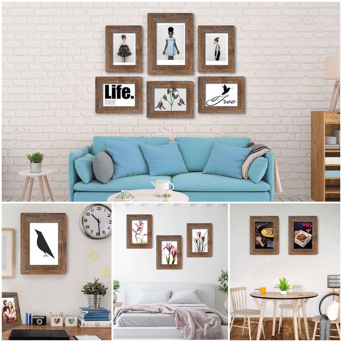 8x10 Picture Frames Set, Set of 4 Wooden Picture Frames Real Tempered Glass and Composite Wooden Rustic Rounded Corners Photo Display for Tabletop Wall Mount (Brown)
