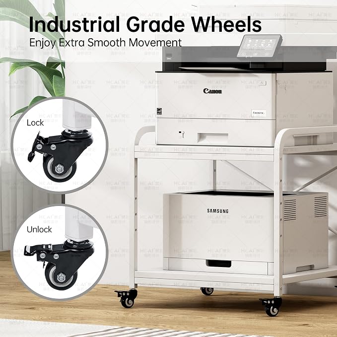 Fannova 20 Inches Deep Large Printer Stand, 2 Tier Under Desk Printer Table with Height Adjustable Shelf, Rolling Printer Cart with Wheels for Home Office Storage - White