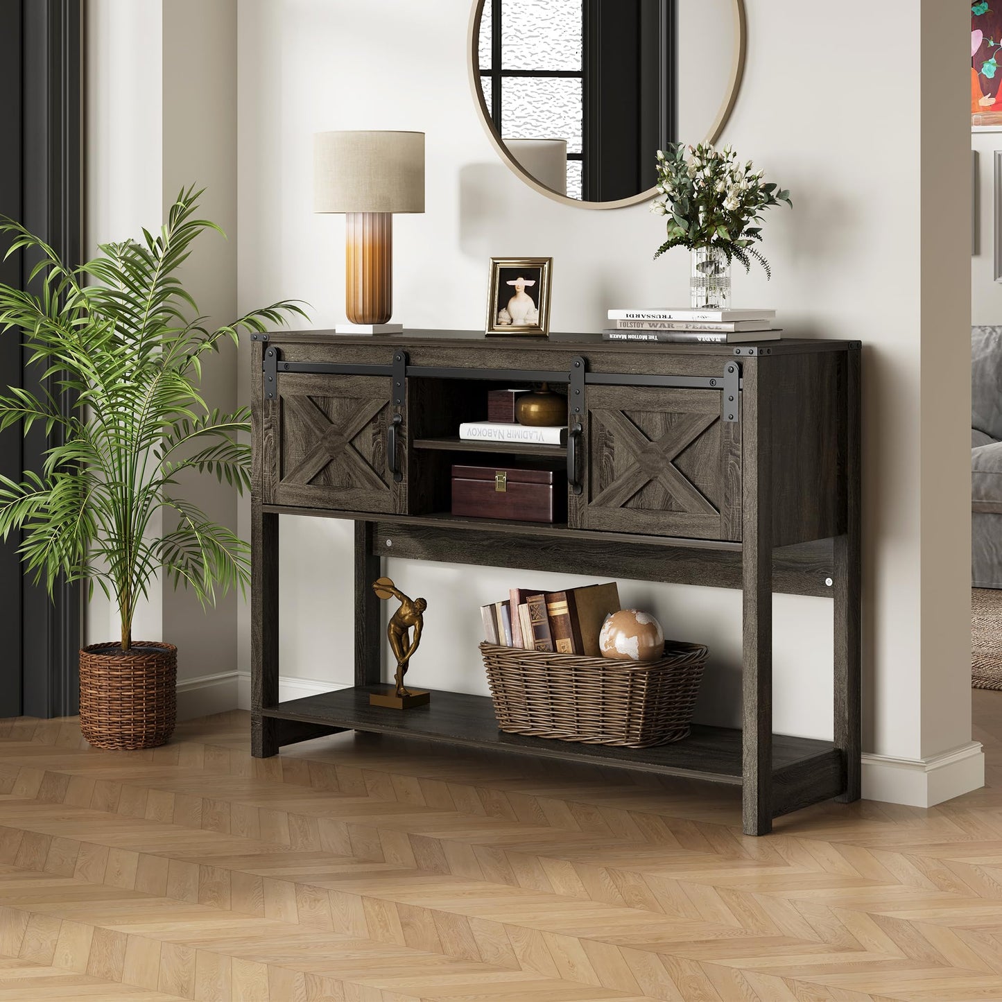 RoyalCraft Console Table with Storage Shelf & Sliding Barn Door, Farmhouse Entryway Table with Storage, 46" Narrow Long Sofa Table, Behind Couch Table, Console Tables for Living Room, Entryway, Foyer