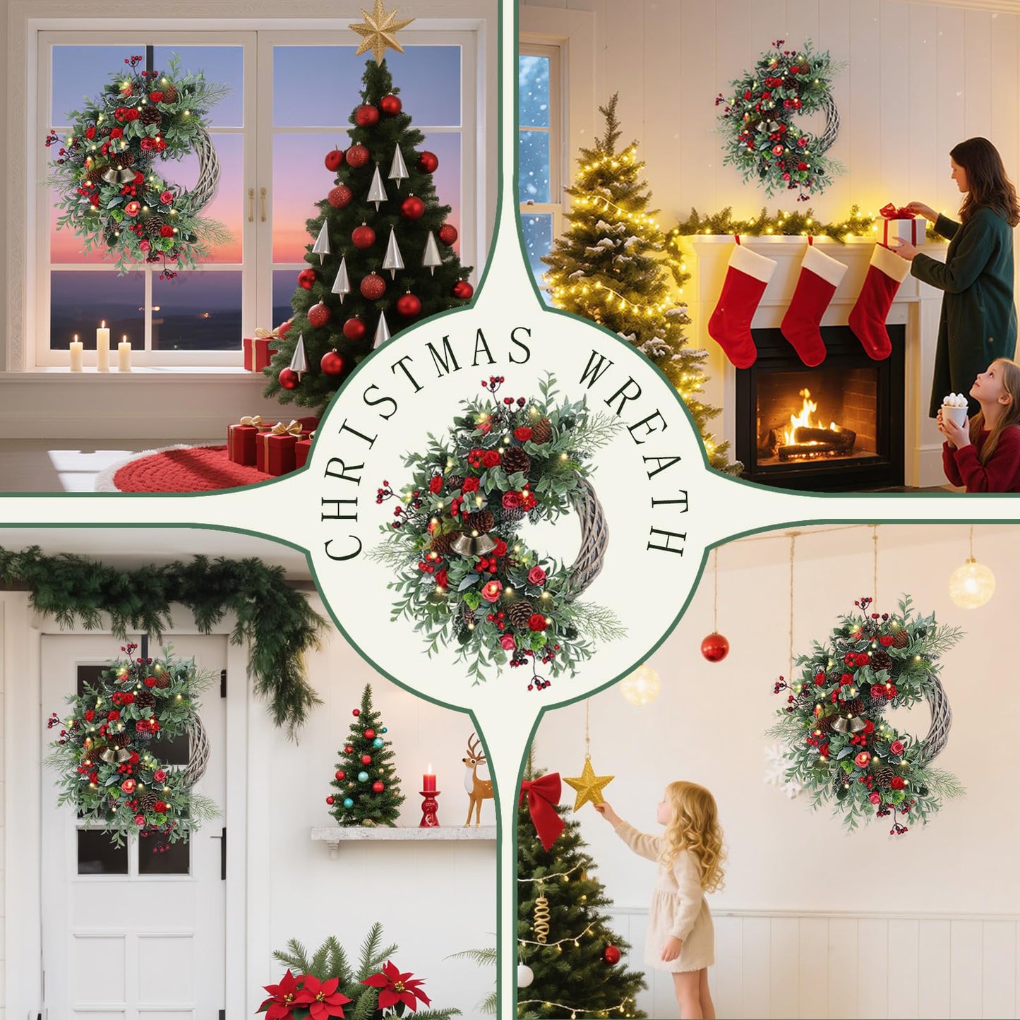 Christmas Wreath for Front Door, Artificial Door Wreaths with LED Lights Bells Berries & Pinecones Christmas Decorations, Xmas Wreaths for Wall Window Fireplace Holiday Home Decor