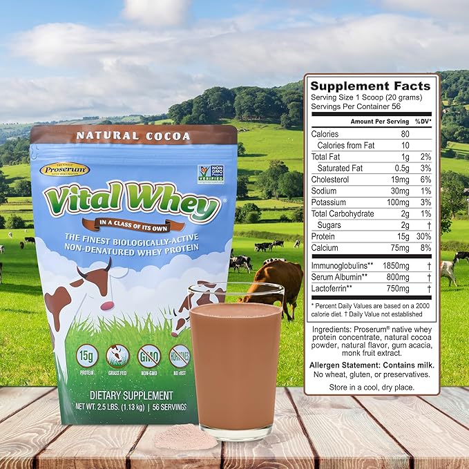 Grass-Fed Whey Protein Powder for Immune Vitality, Natural Cocoa 600g (30 Servings), 15g Protein Per Serve, Vital Whey, Clean Holistic, Wellness Nutrition
