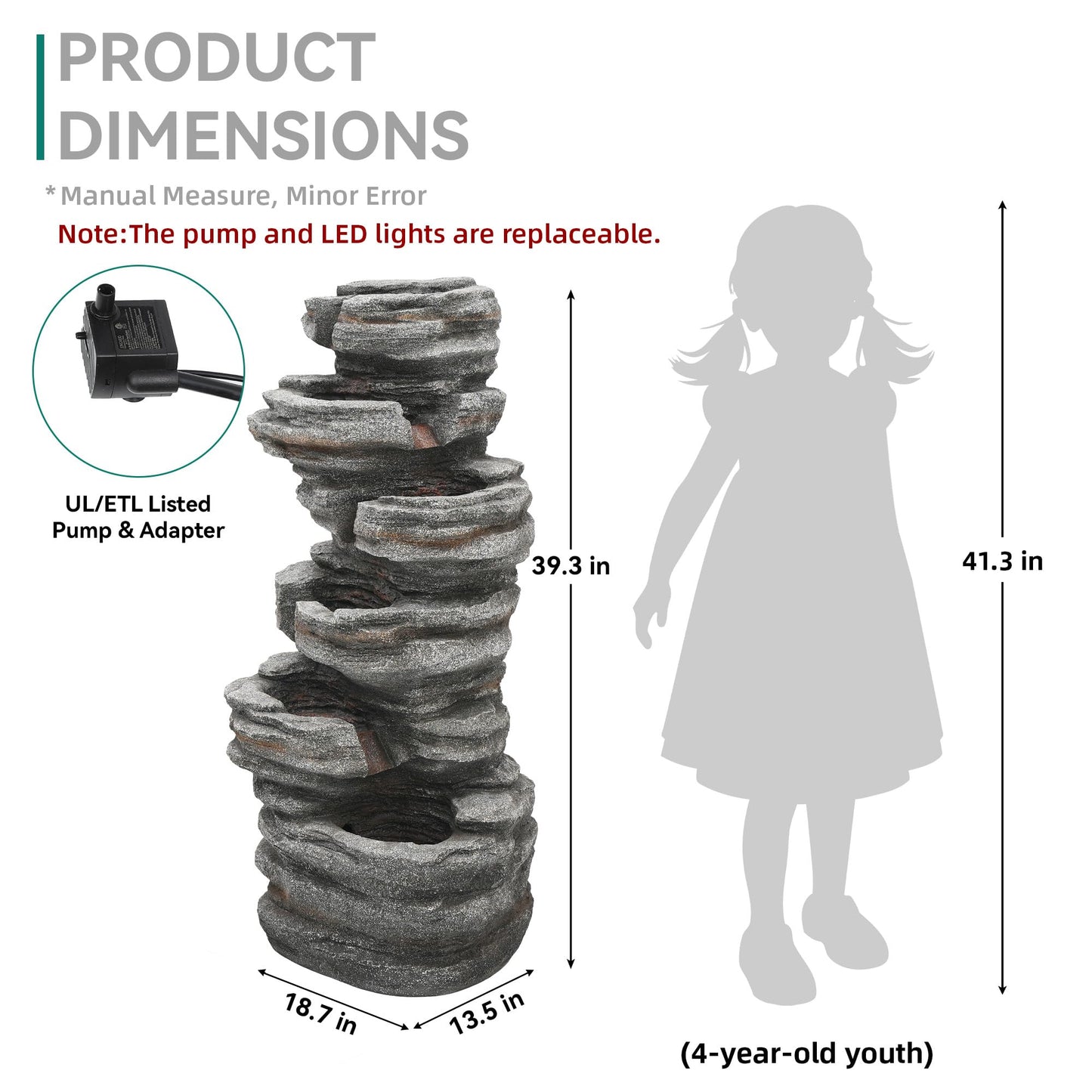 Ultym Extra-Large 6-Tier Outdoor Water Fountain with LED Lights, Cascading Rock Waterfall for Garden Patio Porch, Weather-Resistant Polyresin Water Feature for Tranquil Oasis