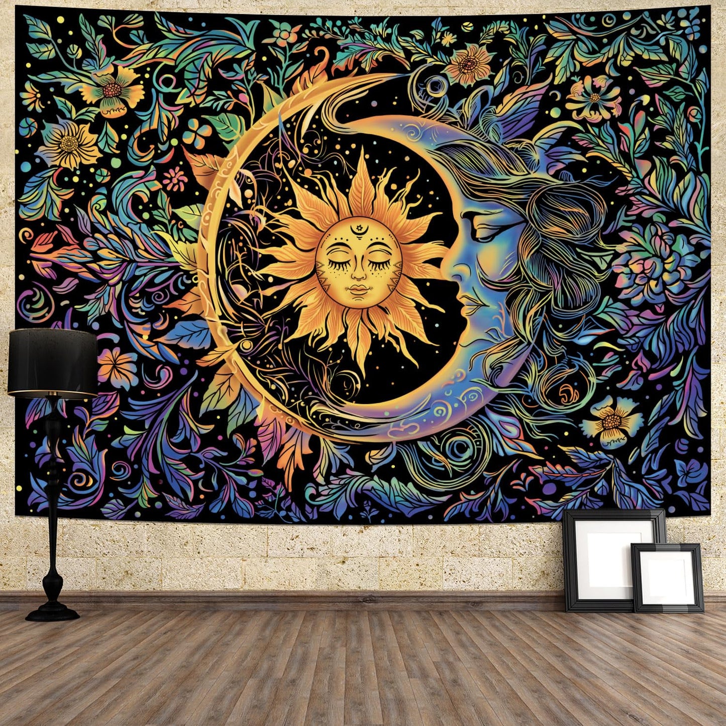 Sun and Moon Tapestry Psychedelic Mystic Floral Tapestry Hippie Boho Flower Plants Wall Tapestries Vintage Aesthetic Tapestries Wall Hanging for Bedroom