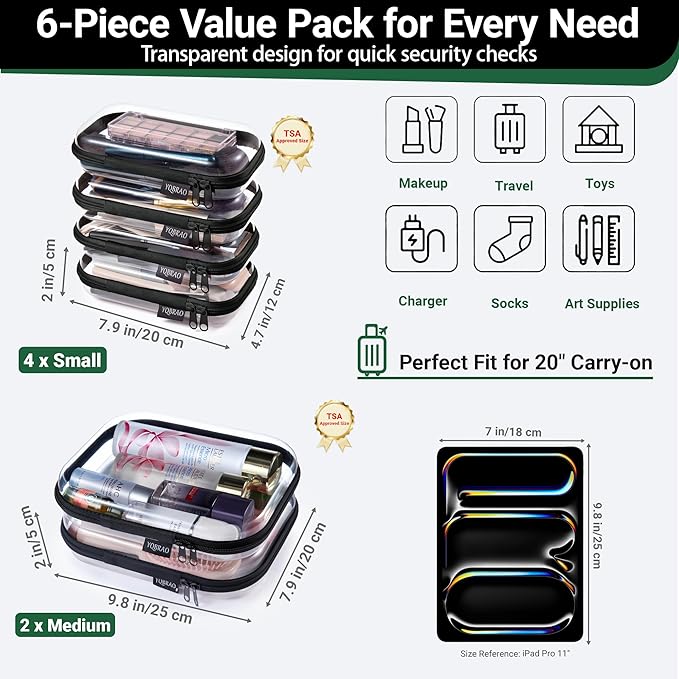 6 Pack Black Clear Hard Shell Beauty Organizer (2M+4S), 1.2mm Heavy Duty Crush-Proof Cosmetic Case, Reinforced YKK Zippers, Stadium Approved Security Bag for Skincare & Electronics, Multi-Size Set