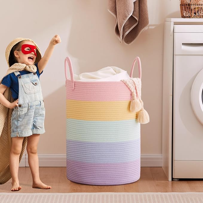 80L Extra Large Rainbow Laundry Hamper for Baby Girls Clothes Tall Woven Laundry Basket for Kids Nursery Toy in Playroom Blanket Basket for Living Room Bedroom 16"D x 22"H Pastel Unicorn